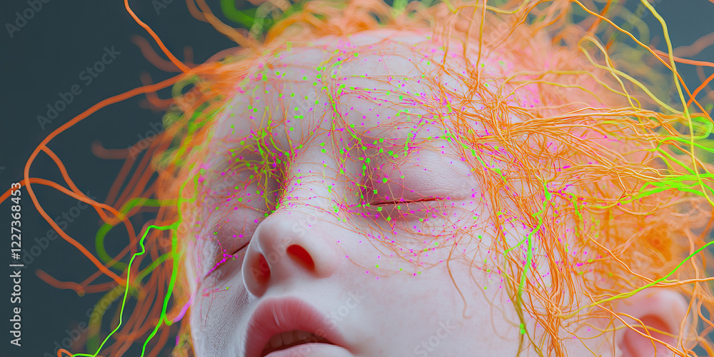 Poster digital rendering of face intertwined with filaments