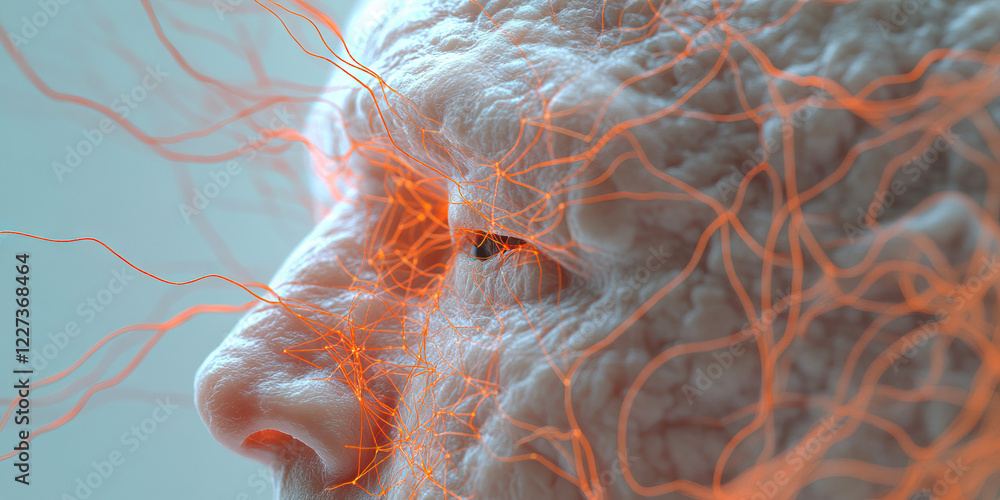 Poster digital rendering of aged face with network overlay