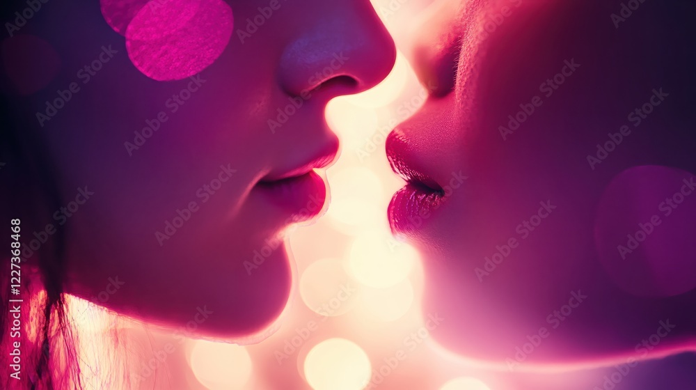 Poster two faces close up with pink light and bokeh effect creating a romantic and intimate scene