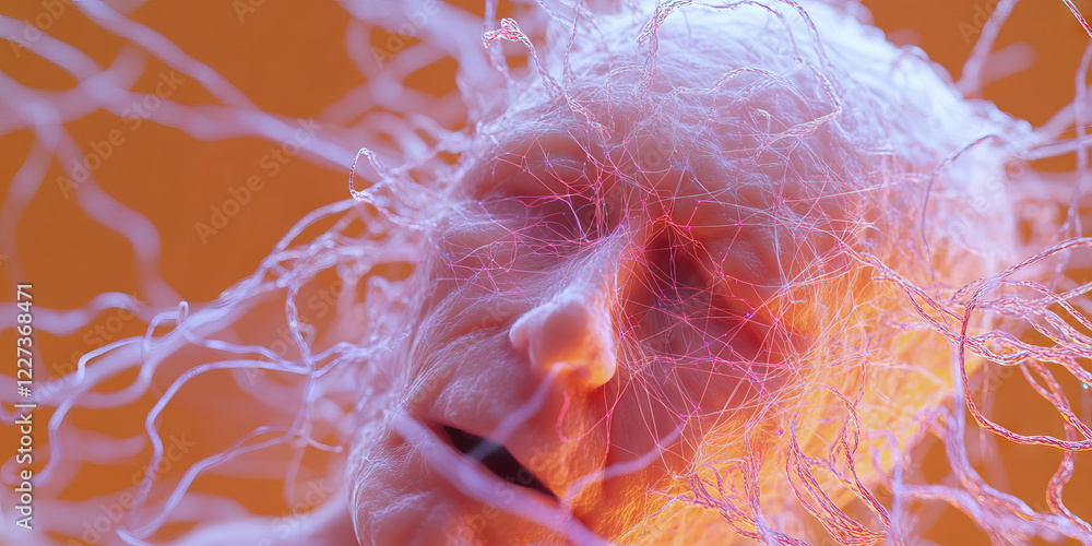 Poster 3d render: human face entangled in fibrous network