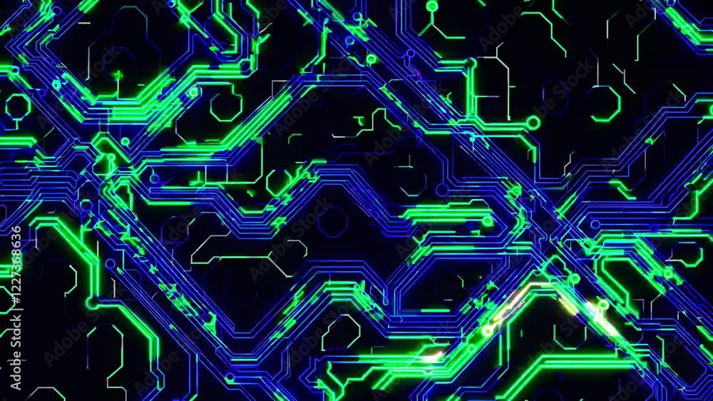 Poster visual exploration of intricate circuit patterns and digital design layout in neon hues