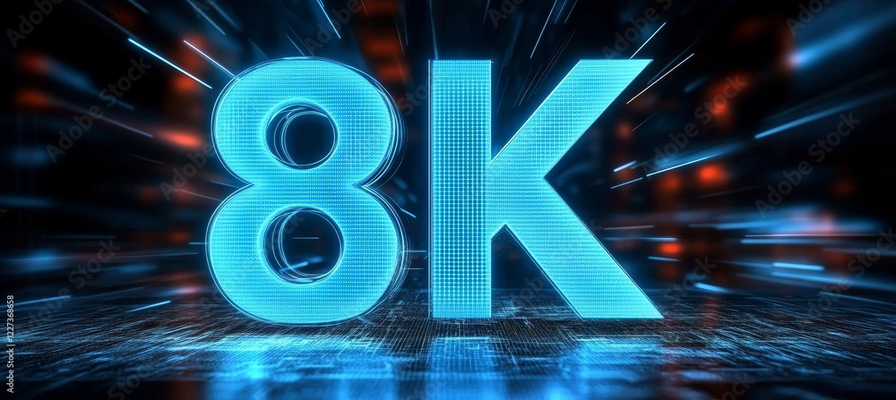 Poster glowing number 8k in digital style on a futuristic background, representing 8k resolution