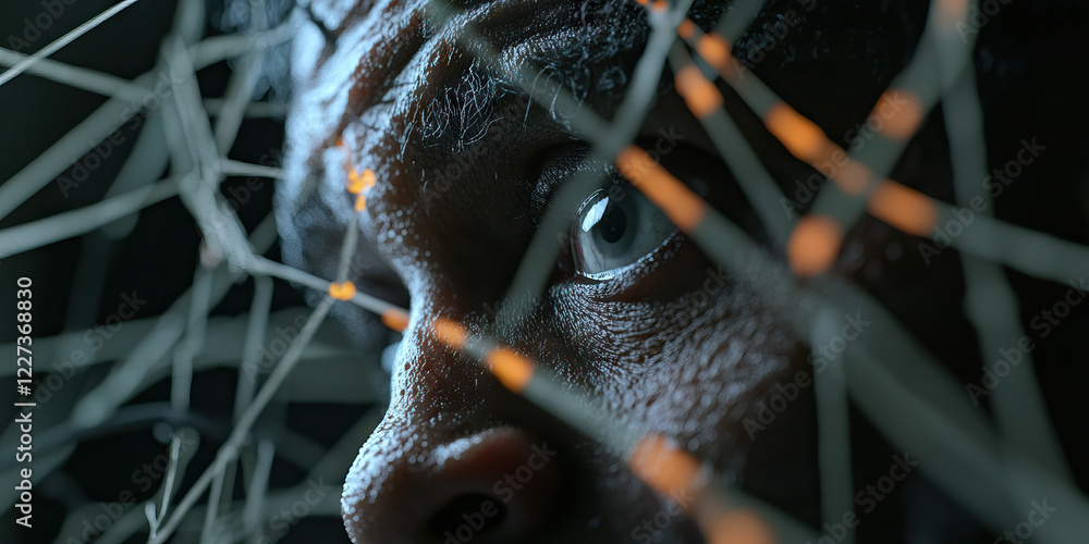 Poster human face partially obscured by interconnected lines and glowing nodes