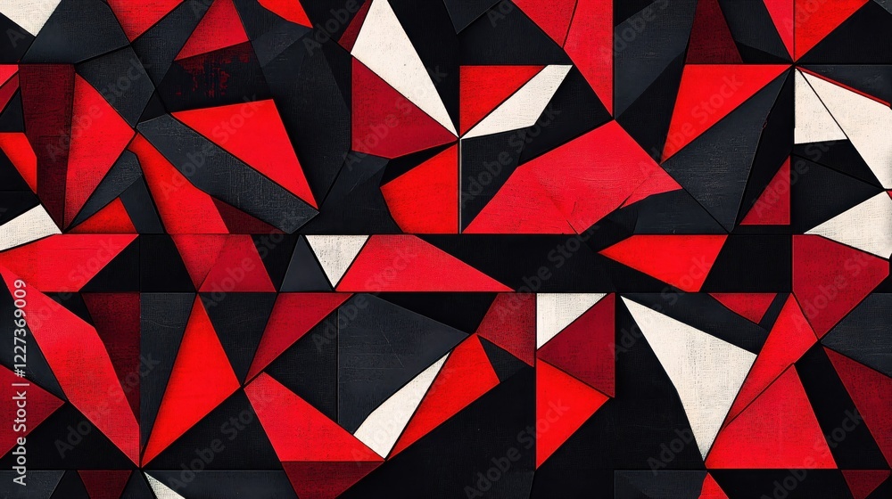 Poster abstract geometric pattern with red black and white triangles and rectangles forming a mosaic