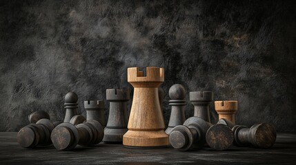 Perseverance concept imagery, steadfast pale wooden rook, surrounding dark chess pieces fallen, elegant charcoal atmospheric backdrop, refined surface mirroring, masterful contrast lighting, powerful