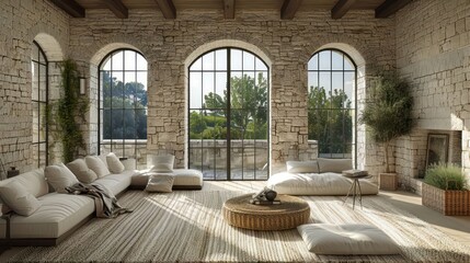 Spacious modern living room with stone walls, large windows, and scenic outdoor view