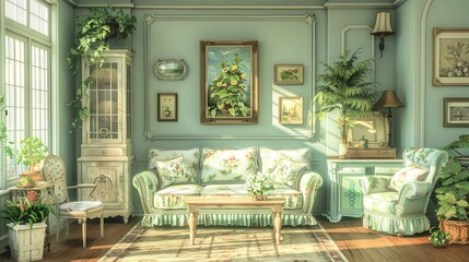 Serene living room adorned with floral decor, sunlight streaming through windows, plants enhancing ambiance