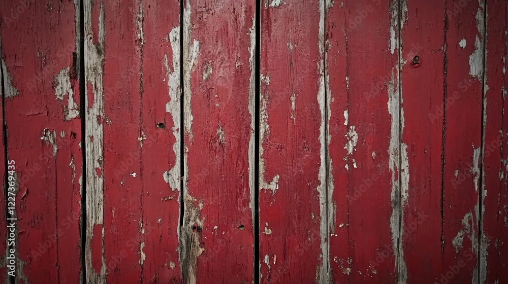 Poster weathered red wooden planks with peeling paint creating a rustic and textured background
