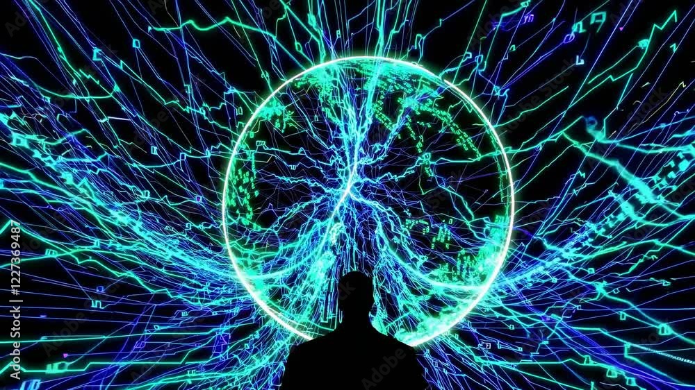 Poster exploring mesmerizing light patterns in a digital art installation during an urban event at night