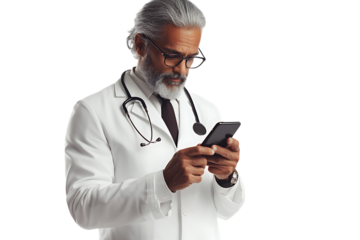 Mature physician checking patient data on mobile phone.