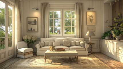 Fototapeta premium Cozy living room with elegant furniture, bright sunlight, and lush greenery outside