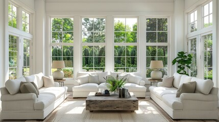 Bright and airy living room with large windows, stylish furniture, and lush greenery outside