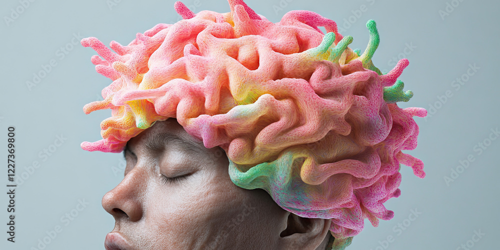 Poster person with multicolored textured object resembling a brain