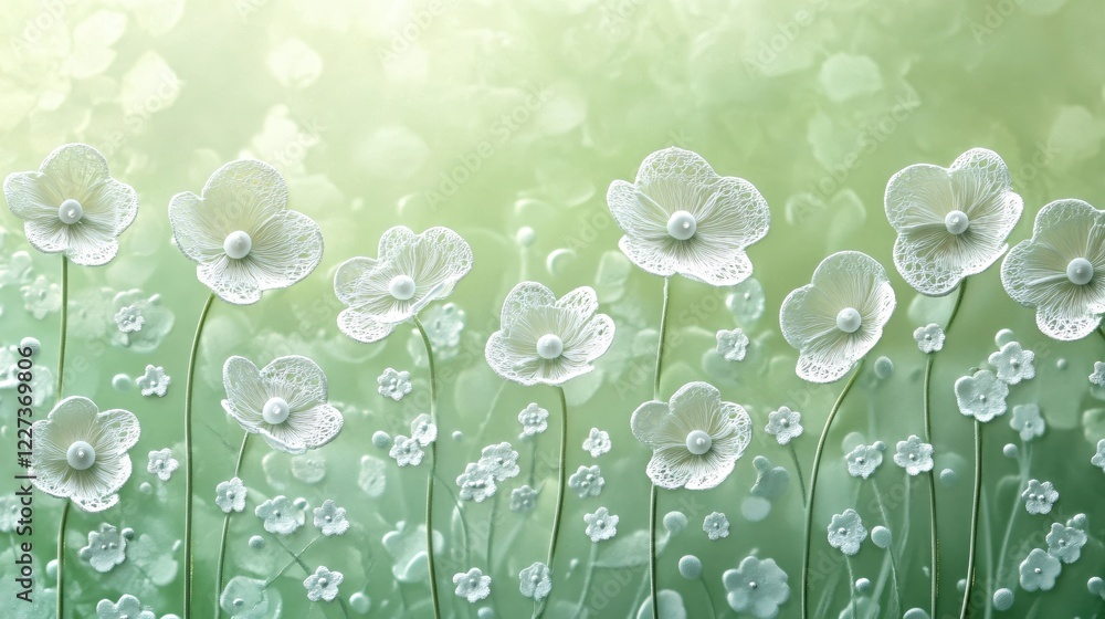 Poster Delicate white flower field with soft green background and bokeh effect creating a dreamy scene