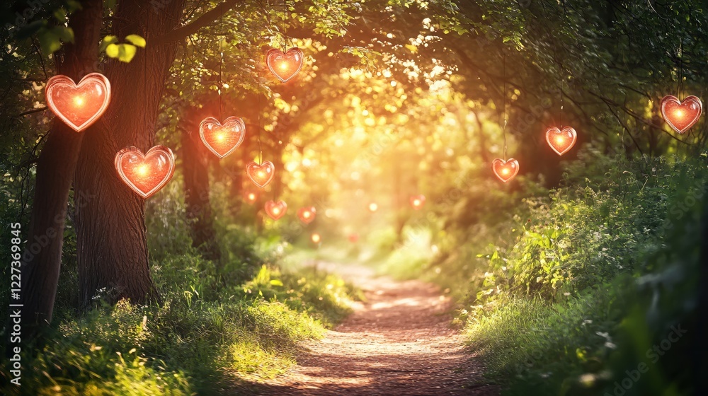 Poster path through forest with glowing heart shaped lanterns hanging from tree branches at sunset