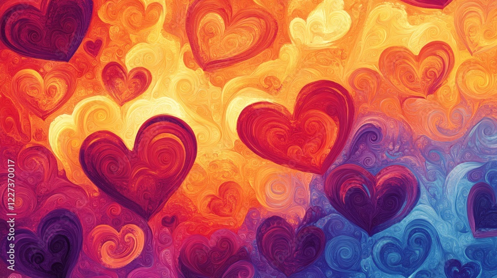 Poster many hearts in a swirling pattern of warm and cool colors creating a vibrant background