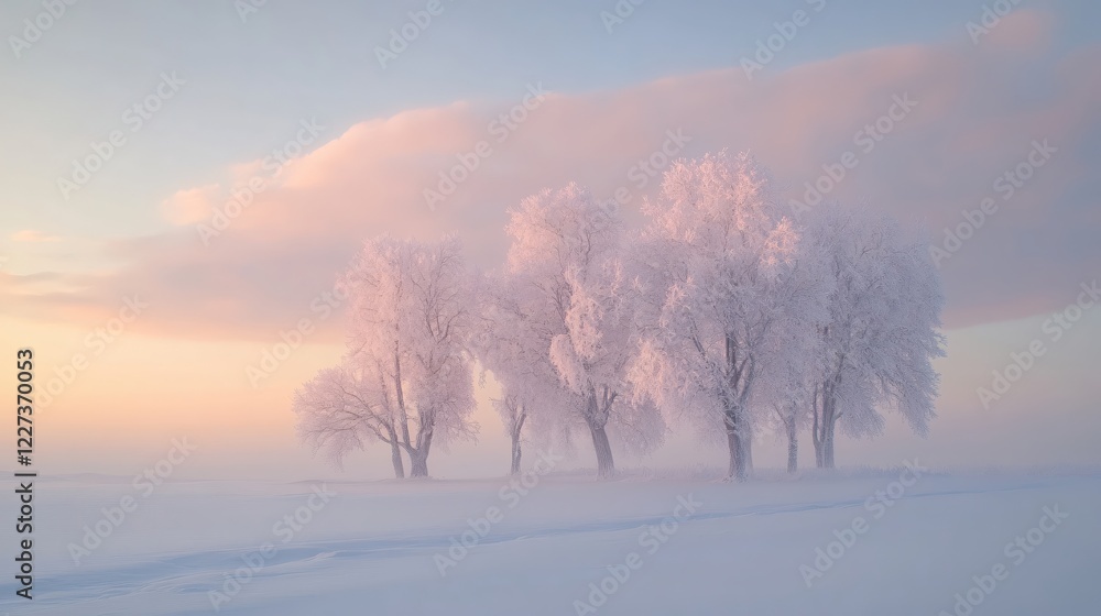 Poster frozen trees in a winter landscape with soft pink sky and fog creating a serene scene