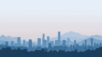Naklejka premium Silhouette of a city skyline against a mountain range with a light sky gradient