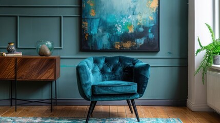 Cozy turquoise armchair in a modern living room with abstract artwork and greenery