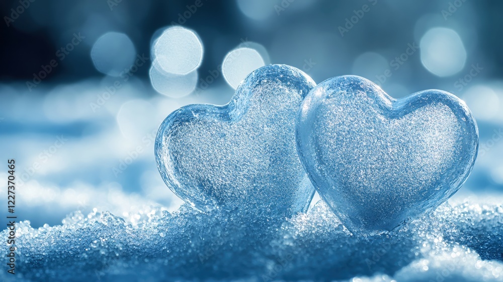 Poster two frozen hearts resting on ice with a soft bokeh background in a cool blue tone