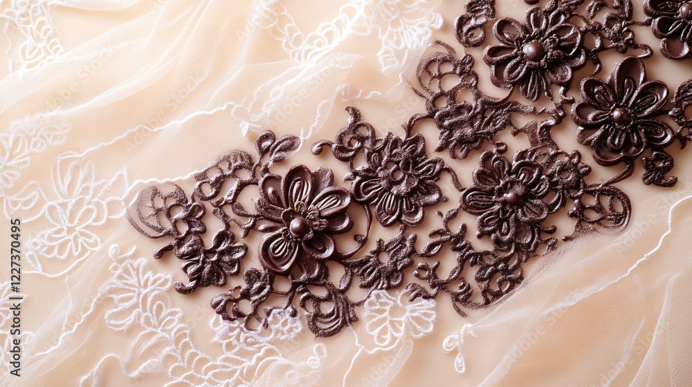 Poster delicate lace fabric with brown floral pattern on light peach background creating a soft texture