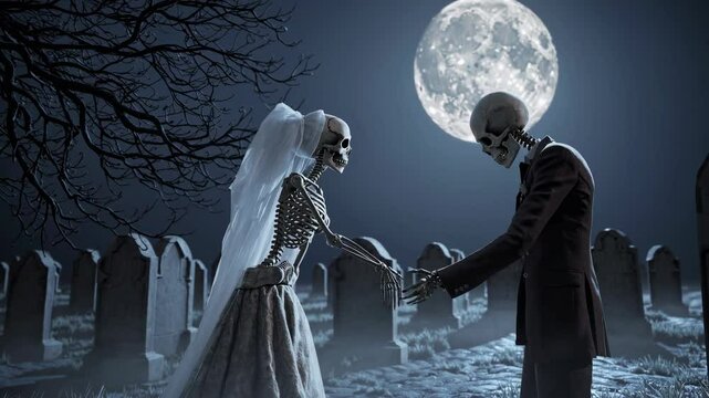 Skeleton couple shares a romantic moment under a full moon in a spooky graveyard at night