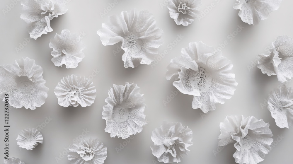 Poster white ruffled coral shapes on a light gray background creating a delicate and airy pattern