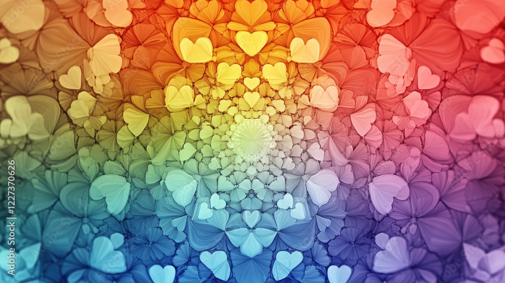 Poster heart pattern fractal with radial gradient from blue to red and yellow abstract background