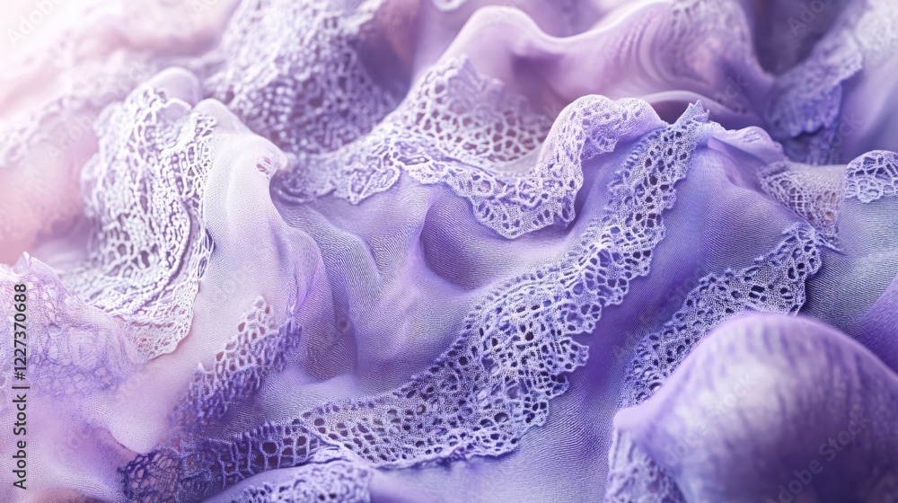 Poster soft purple fabric with delicate lace trim creating a flowing and textured abstract design