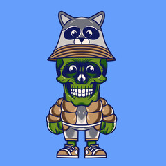 Mascot character design cartoon skull raccoon hat