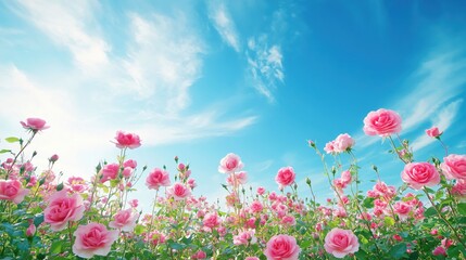 Obraz premium Pink roses bloom under a bright blue sky with white wispy clouds in a beautiful garden scene