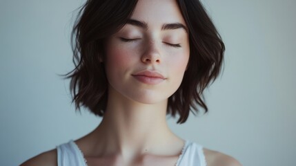 Fototapeta premium Serene self-embrace portrait in minimalist setting, person in white crop top against light grey background, gentle peaceful expression, eyes closed with subtle smile, shoulder-length dark hair, soft