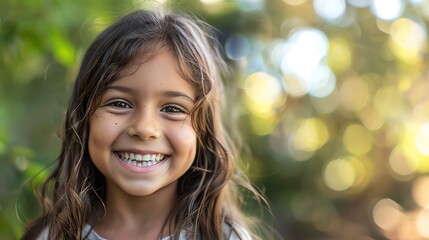 Fototapeta premium A young girl smiles broadly at the camera in a park.