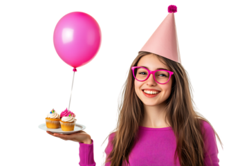Joyful girl celebrating birthday with cupcakes and balloon.