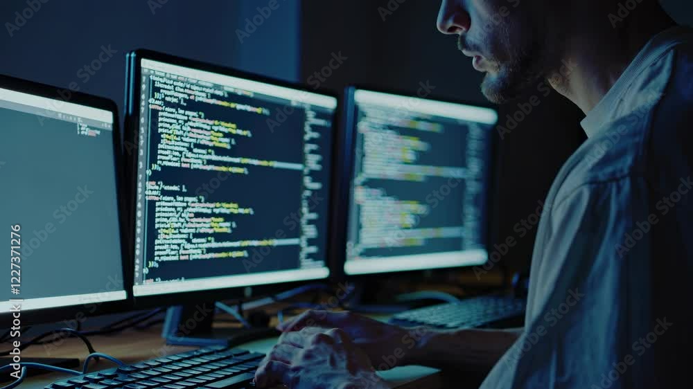 Poster Coding session in a dimly lit workspace with multiple monitors displaying programming language text