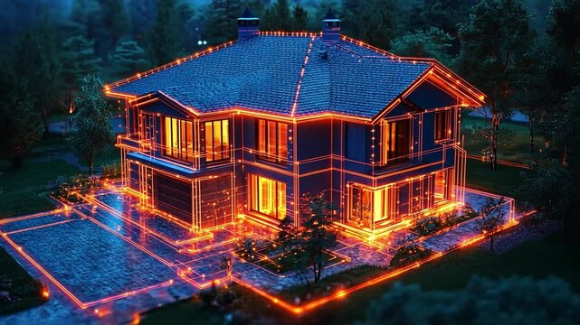 A modern house illuminated by neon lights at dusk, showcasing its architectural elegance and garden
