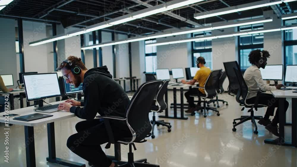 Fototapete developers coding in a modern office space during the afternoon
