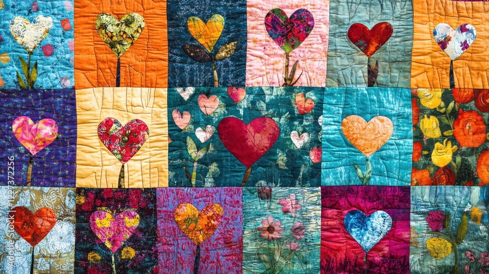 Poster colorful quilt with heart shapes and floral patterns in a patchwork design handmade textile art