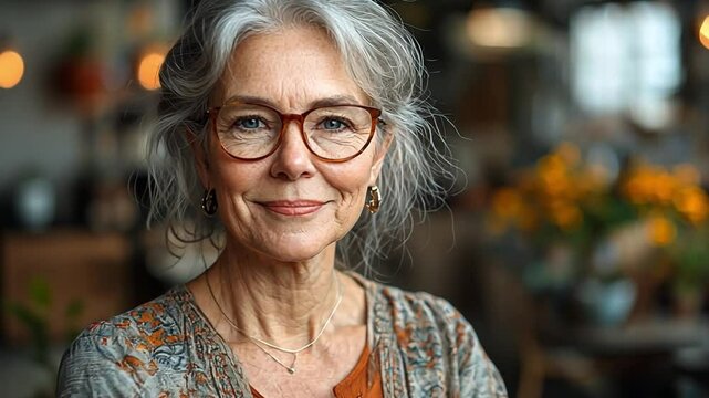 Mature Woman Portrait: A close-up portrait of a smiling mature woman with graying hair wearing glasses. She exudes confidence and warmth, her expression conveying wisdom and life experience.