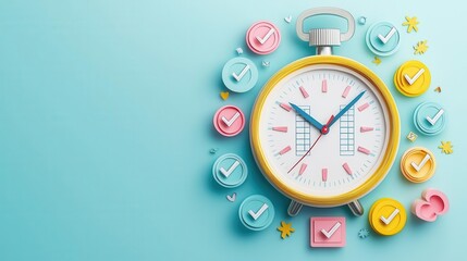 A layered paper-cut stopwatch surrounded by task icons being checked off, symbolizing efficiency, 3D illustration