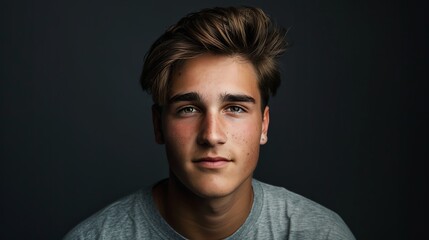 Fototapeta premium A young man with brown hair looks at the camera.