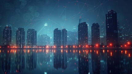 Fototapeta premium Nighttime city skyline with illuminated buildings reflecting on water, showcasing urban life and technology