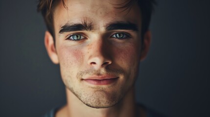 Obraz premium A close-up portrait of a young man with a beard, looking thoughtfully off-camera.