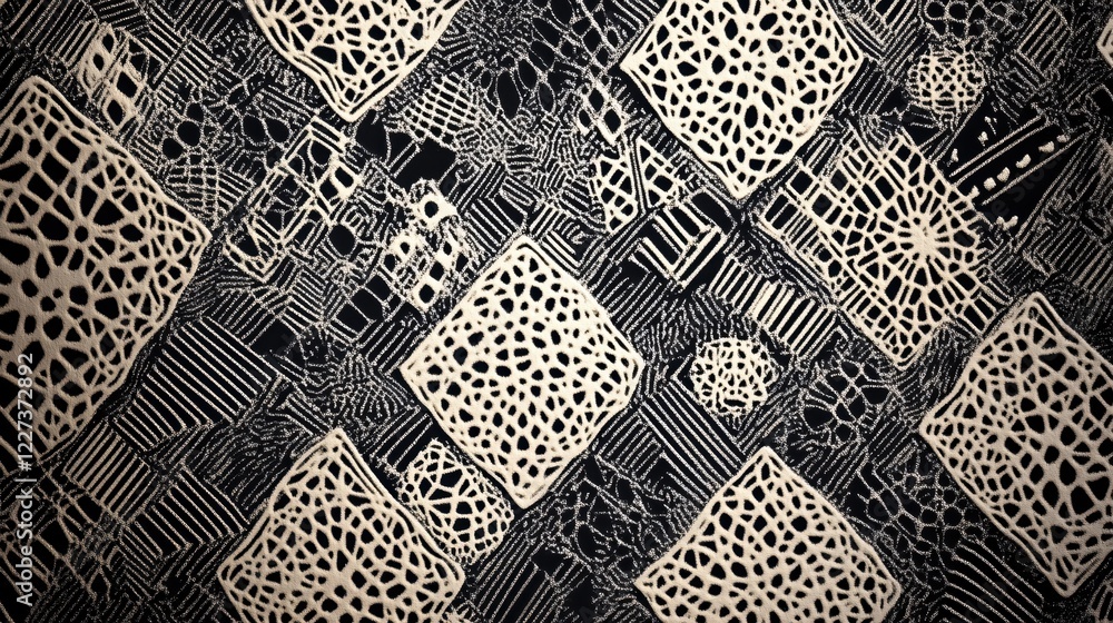 Poster abstract black and white pattern with geometric shapes and intricate woven texture