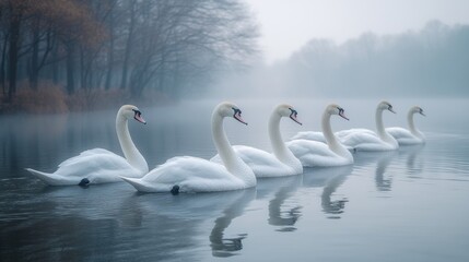 Five white swans gracefully swim in a row across a misty, calm lake with bare trees in the background
