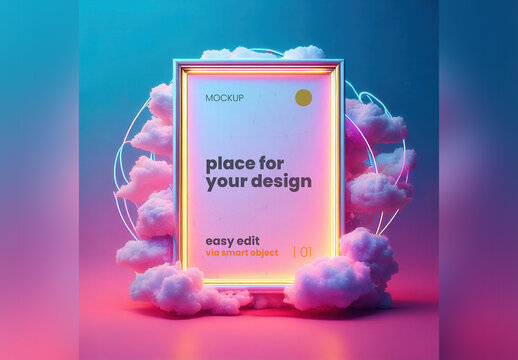 Colorful Frame Poster Mockup Surrounded with Clouds and Light