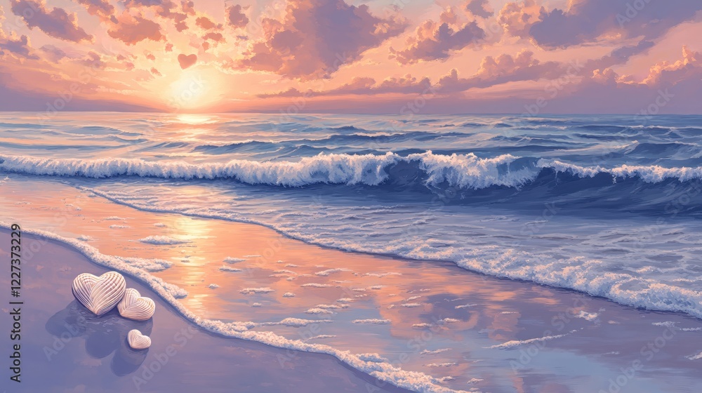 Poster sunset over ocean with heart shaped objects on beach creating a romantic and peaceful scene