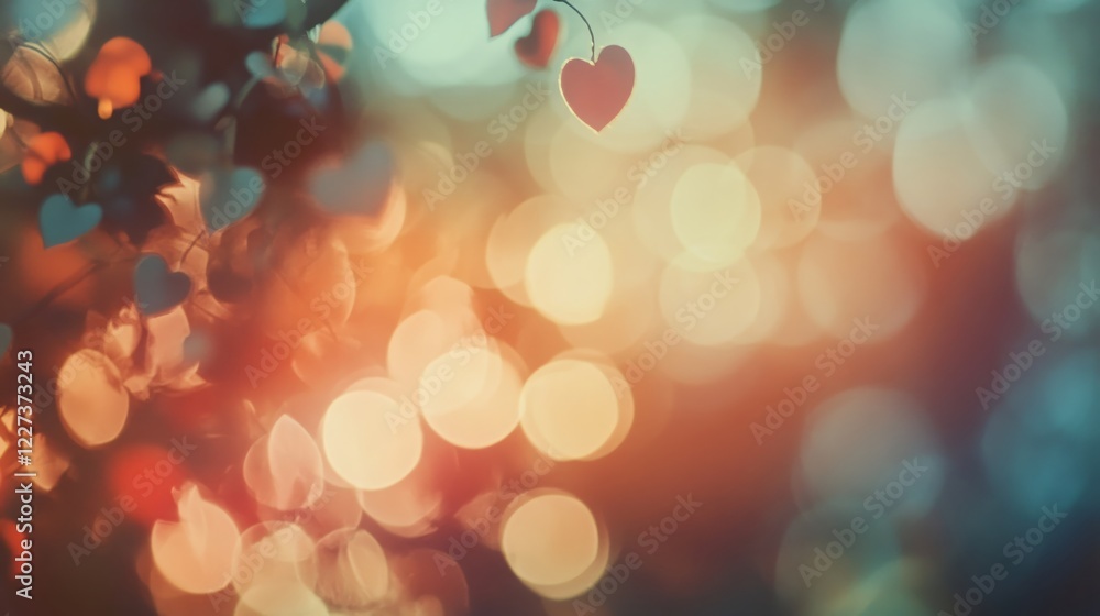 Aufkleber heart shaped decorations hanging from a branch with bokeh effect in warm and cool tones