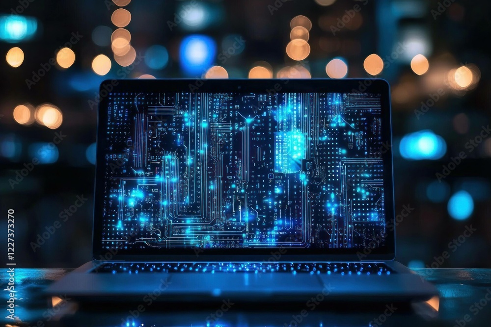 Aufkleber abstract technological background on a laptop screen with bright blue lights and circuit patterns, i