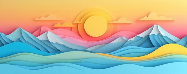 Fototapeta premium A sunrise and sunset layered in paper-cut style with tasks neatly arranged in between, symbolizing daily planning, 3D illustration